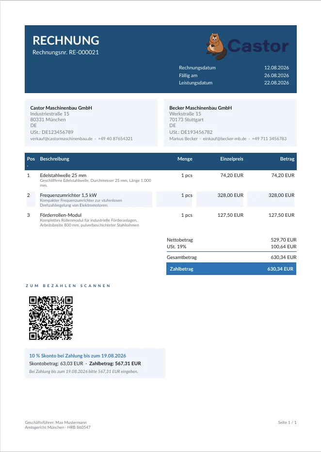 Une facture Factur-X terminée au format PDF, avec logo, lignes de facturation et coordonnées bancaires